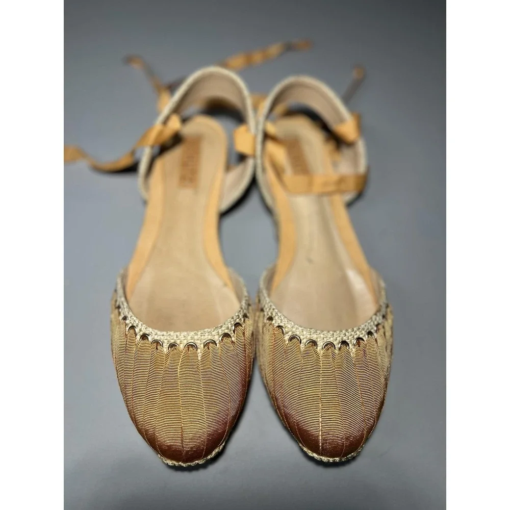 Schutz Espadrille Sandals Womens Size 10 Gold Ribbon Ankle Wrap Flat Tie Shoes